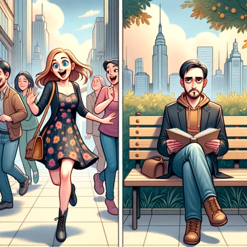 An exaggerated illustration of suggestibility types. Physical suggestibles are often more likely to be extroverts and confident in public (left), than emotional suggestibles (right).