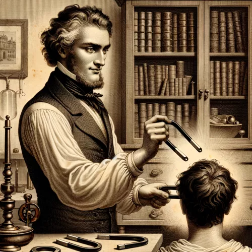Anton Mesmer using magnets for healing in an 18th-century setting, showcasing the early practice of hypnosis and animal magnetism.