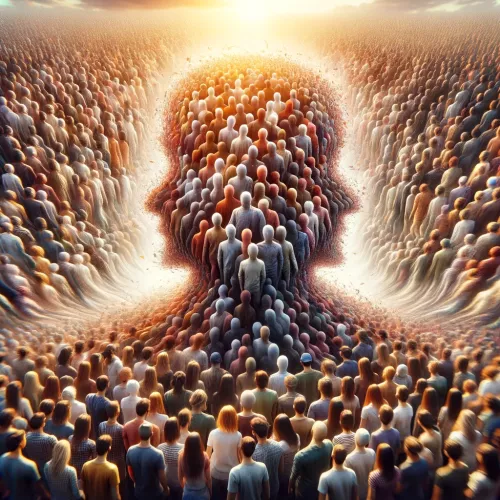 A crowd of people blending together, symbolizing unity and loss of individuality in mass hypnosis.