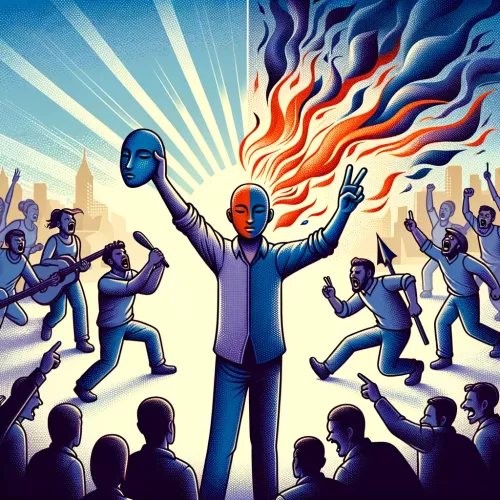 Illustration of a peaceful individual transforming into an aggressive persona in a riot, depicting the influence of group dynamics.