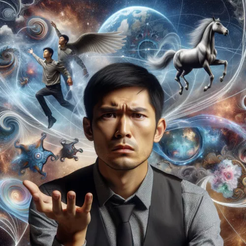 A person visibly questioning their beliefs, surrounded by illusionary images representing false realities