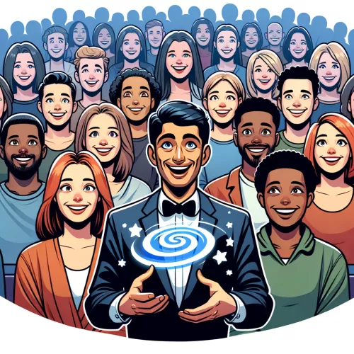 Illustration of a hypnotist establishing rapport with a diverse audience, showcasing attentive faces.
