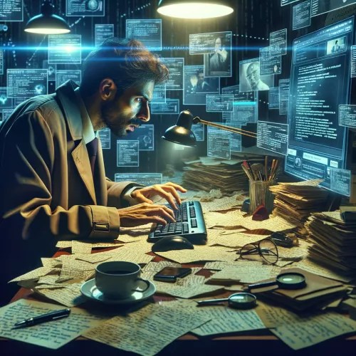 A secretive figure researching a target for hot reading, surrounded by notes and digital information.