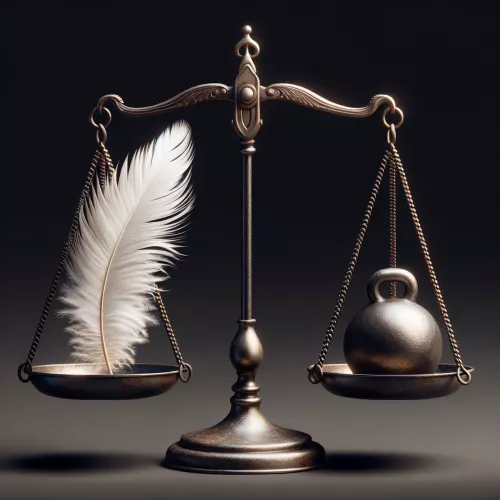 A feather and a heavy weight on opposite sides of a scale, symbolizing the contradictory suggestion used in Sleight of Mind.