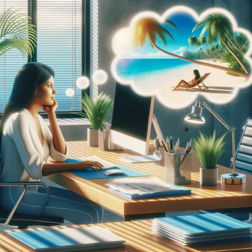 Illustration of a person in an office daydreaming about the beach, representing a visual thought process.