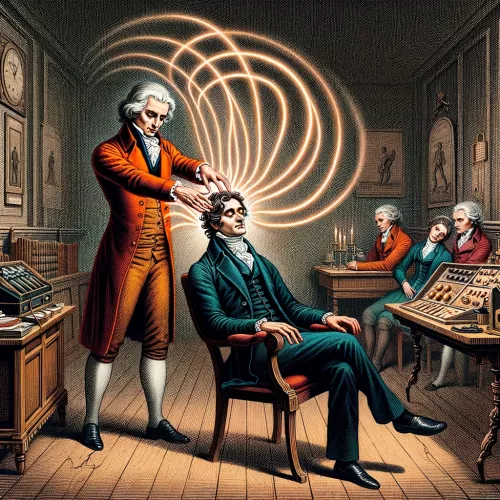 An illustration of Anton Mesmer using animal magnetism on a patient, with visible magnetic waves between his hands and the patient's head