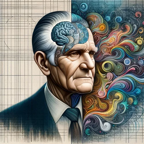 A portrait of Milton Erickson with abstract representations of the conscious and subconscious mind.