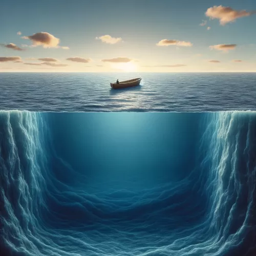 Visual metaphor of the conscious mind as a small boat floating on the vast ocean of the subconscious.