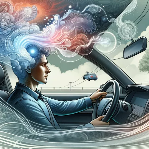 Illustration of someone driving with a translucent overlay representing the subconscious taking over.