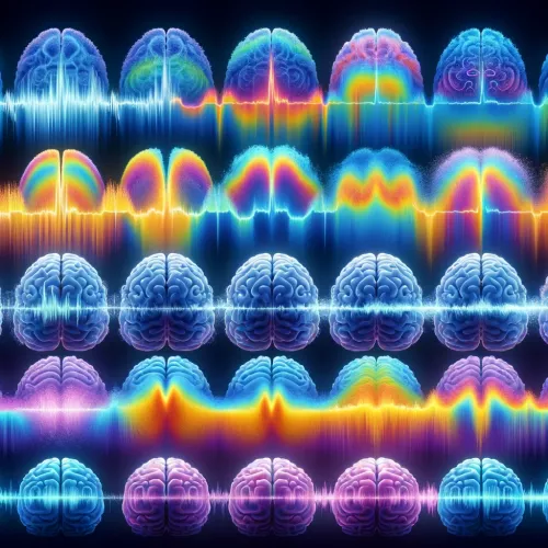Visualization of brain waves in various states of consciousness, with gamma state having the highest frequency waves.